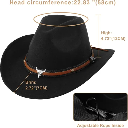 Miniatura 4 de DOCILA Sombrero de vaquero occidental unisex de fieltro de piel sintética, sombreros de vaquera americanos, sombrero de Rodeo de ala ancha