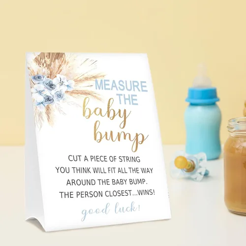 Miniatura 6 de Letrero de Baby Shower Games Measure the Baby Bump, How Big is Mommy's Belly Party Favors, cartel de pie Kraft de 5 x 7 pulgadas y 50 tarjetas