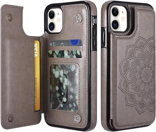 UEEBAI Funda para iPhone 11 de 6.1 pulgadas, funda de piel sintética de lujo [dos cierres magnéticos] [ranuras para tarjetas] función de soporte en