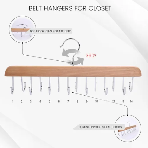 Miniatura 3 de JOHOUSE Organizador de cinturón para armario Max 42 cinturones, soporte de madera para sujetadores deportivos con 14 ganchos para hombres y mujeres