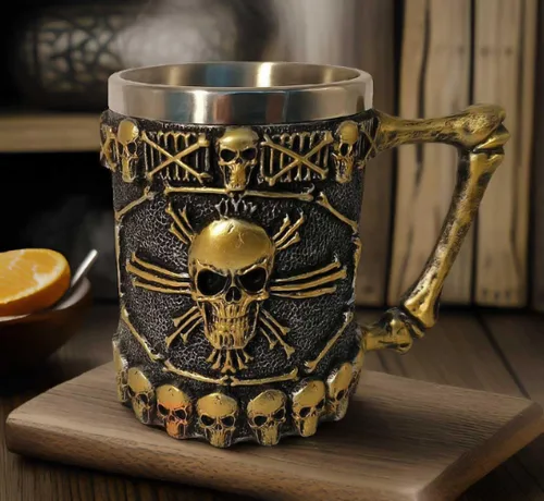 Taza de café con diseño de calavera, taza de calavera, regalo DND, taza de cerveza vikinga de acero inoxidable de doble pared para beber, vaso de