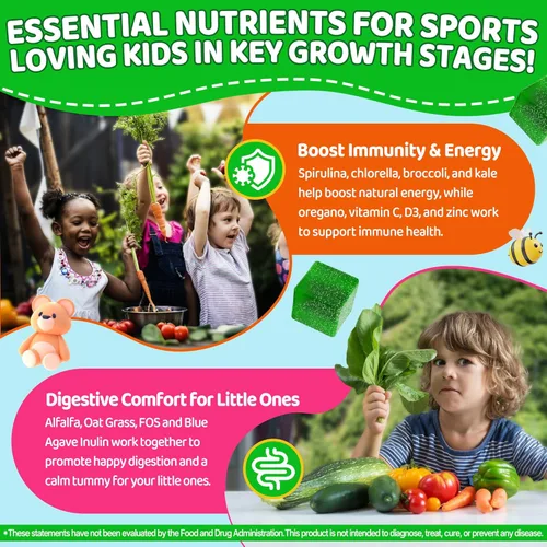 Miniatura 5 de Gomitas Super Greens para niños, con multivitaminas, más de 20 frutas vegetales, prebióticos, calcio, omega-3 (DHA/EPA), gomitas de superalimentos