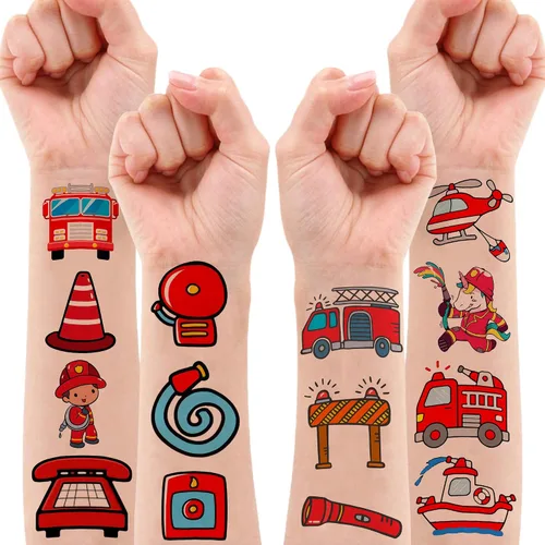 Miniatura 2 de 96 tatuajes temporales de bombero para niños, lindos tatuajes falsos de camión de bomberos para niños, regalos de fiesta de cumpleaños, recompensas