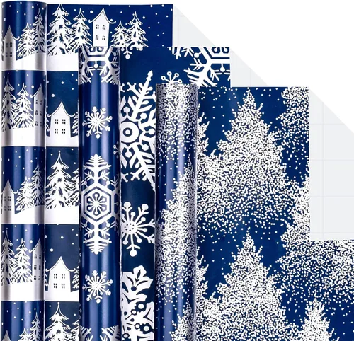 Miniatura 23 de LeZakaa Mini rollo de papel de regalo de Navidad, diseño de campana y árbol/bastones de caramelo/copos de nieve, blanco y negro, para envolver