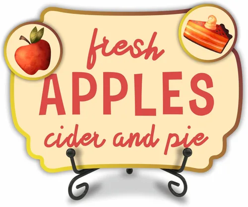Fall Table Sign 5x7 Inch Seasonal Autumn Decor, Rustic Party Centerpiece with Metal Stand & 2 DIY Stickable Wood Decor, Fresh Apples Cider And Pie