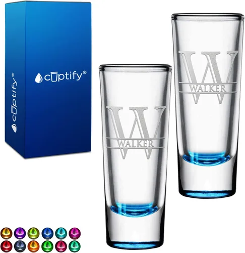 Miniatura 92 de Vaso de chupito personalizado con fondo verde azulado personalizado de 2 oz, vasos de chupito cordial con inicial en script dividido y nombre