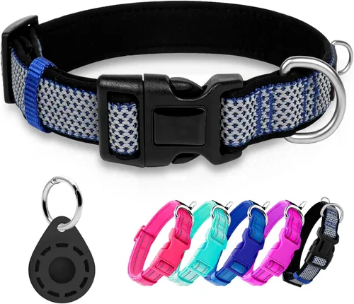 Miniatura 9 de azuza Collar reflectante para perro, de neopreno suave acolchado con anillo para etiqueta de identificación, ajustable para perros pequeños, azul