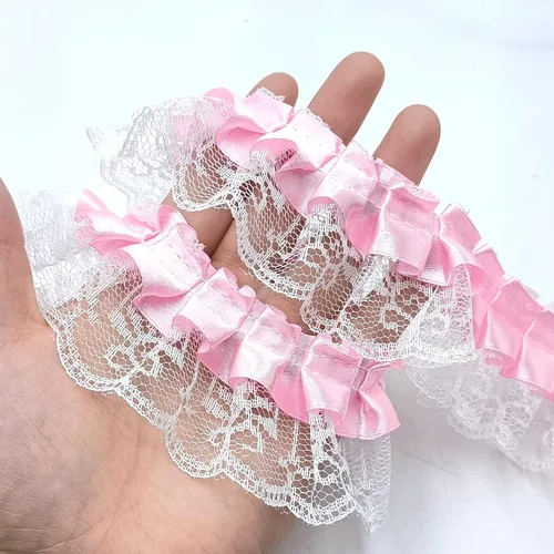 Ribetes de encaje de gasa rosa de 2 yardas, cintas de encaje vintage blancas para decoraciones de boda, manualidades, decoración de disfraces hecha