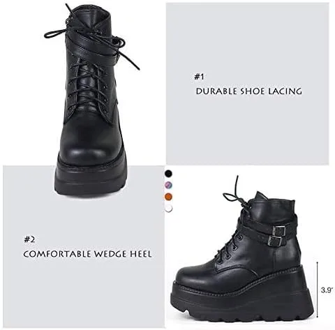 Miniatura 6 de CELNEPHO Botas de plataforma gruesa para mujer puntera cuadrada con cordones cremallera tacón alto botas de tobillo de cuña de combate