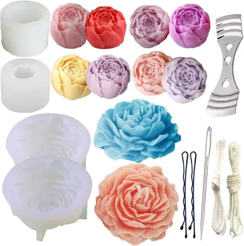 Miniatura 17 de 8 moldes de peonía de cuatro tamaños grande + mediano + pequeño + extra pequeño + hoja de peonía con aguja grande que absorbe los ojos, vela