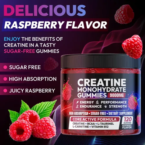Miniatura 2 de AEQNJV Gomitas de creatina monohidrato complejo 9000 mg, pre-entrenamiento para hombres y mujeres, gomita de creatina con L-taurina, BCAA 2:1, B12/6