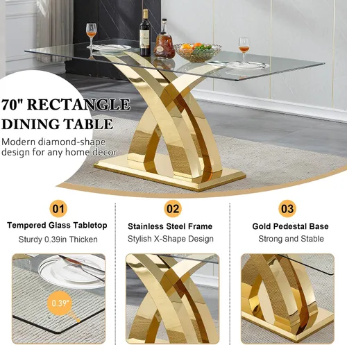 Miniatura 4 de Mesa de comedor de cristal para 6-8 personas, mesa rectangular de comedor de cocina de 70 pulgadas con tapa de vidrio templado y base de acero