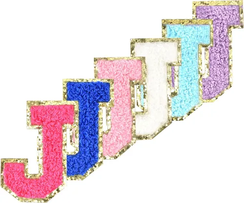Miniatura 17 de 6 piezas de parches de letras de chenilla autoadhesivas con purpurina para planchar, parches de letras universitarias estilo preppy, letras difusas