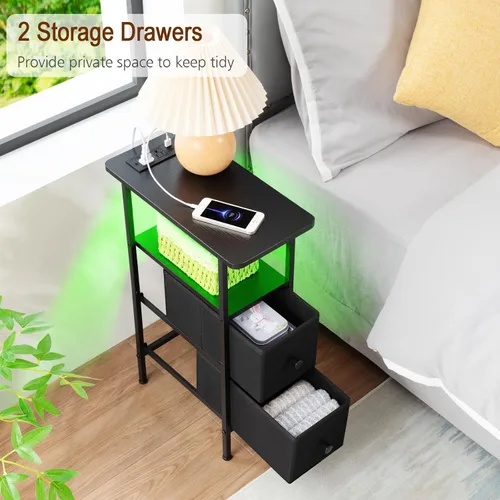Miniatura 7 de LOAKEKEL - Mesa auxiliar estrecha de sala de estar con estación de carga, mesa lateral delgada con cajones de tela, mesita de noche LED delgada