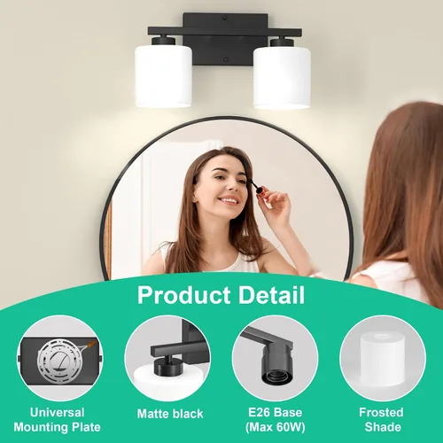 Miniatura 2 de Honesorn Luces Modernas de Tocador - 2 Luces Negras para Baño con Pantalla Esmerilada, E26 Montadas en Pared, Antioxidante