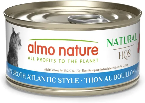 almo nature HQS - Comida húmeda natural para gatos, atún en caldo estilo atlántico, sin granos, 2.47 onzas (paquete de 24)