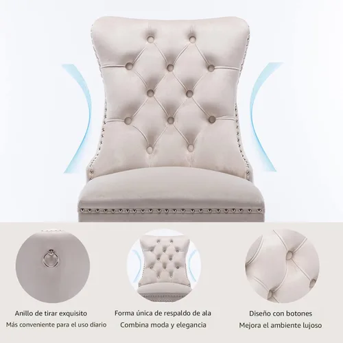 Miniatura 5 de ODUSE-DAILY - Juego de 4 sillas de cocina y comedor de terciopelo beige, tapizadas en tela, respaldo alto con alas, anilla metálica, estructura