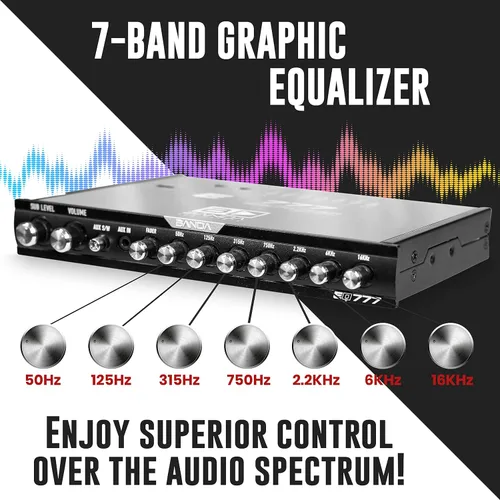 Miniatura 3 de Banda EQ777 - Ecualizador gráfico de audio para automóvil de 7 bandas, medio DIN con entrada auxiliar frontal de 0.138 in, entrada auxiliar RCA