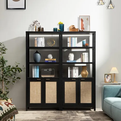 Miniatura 2 de Estantería SICOTAS de 5 niveles, estante de libros de ratán estilo bohemio de 71" de altura con puertas, estantes de almacenamiento, estanterías