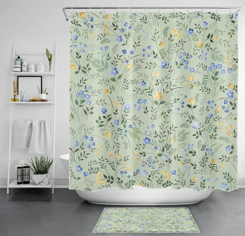 Miniatura 16 de LB Cortina de Ducha Decorativa de Flores Silvestres del Campo, Flores Azules y Amarillas con Planta de Hojas Verdes sobre Beige, Cortina de Ducha