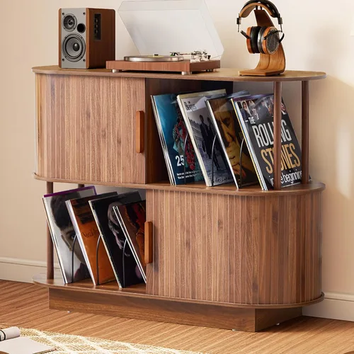 Armario de almacenamiento para tocadiscos de vinilo de 40 pulgadas, mesa giratoria moderna de mediados de siglo con puerta corredera, estante de