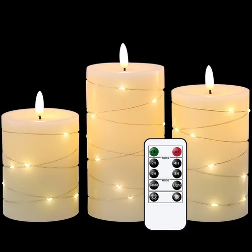 Miniatura 8 de Eldnacele Velas parpadeantes sin llama con temporizador remoto, mecha 3D de cera real, funciona con pilas, velas blancas con control remoto, juego