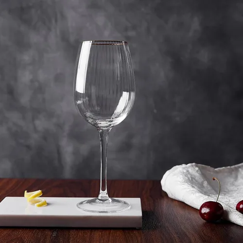 Miniatura 6 de Royalrose Juego de 4 copas de vino alegres de alta calidad, vasos soplados a mano de 14.2 onzas con borde dorado, diseño estriado, elegante embalaje
