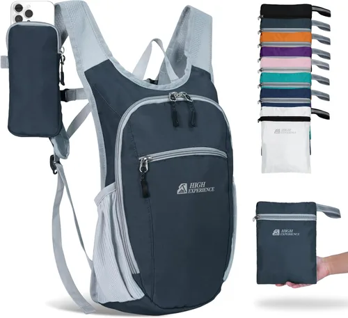 Miniatura 16 de Mochila de senderismo 10L/15L, pequeña mochila de día ligera, plegable, para viajes, resistente al agua, para mujeres y hombres (Gris, 10L)