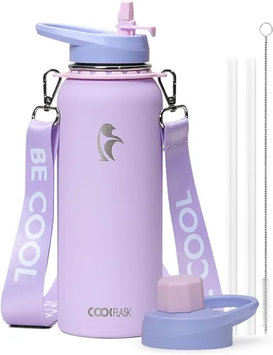 Miniatura 8 de Botella de agua Coolflask de 40 onzas con correa, botella de agua metálica aislada con popote y tapas con pico, acero inoxidable de doble pared al