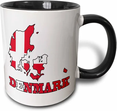 3dRose La bandera de Dinamarca en el mapa del contorno del país y el nombre, Dinamarca. Taza negra de dos tonos de 11 oz