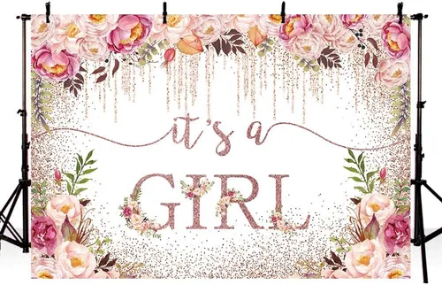 Miniatura 3 de Sendy Telón de fondo de baby shower de oro rosa de 7 x 5 pies para niñas, con texto en inglés "It's a Girl", fondo de fotografía para baby shower