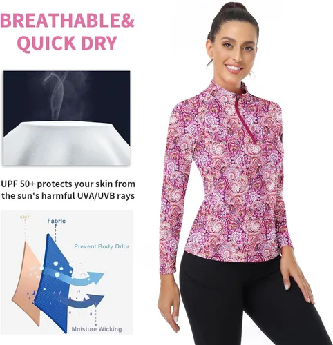 Miniatura 165 de WOWENY Camiseta deportiva de manga larga para mujer, con cremallera de un cuarto, cuello para entrenamiento, camiseta de tenis con estampado