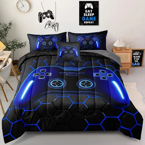 Miniatura 12 de Juego de ropa de cama de 5 piezas con estampado de videojuegos tamaño individual para niños, niñas, adolescentes, ropa de cama de 5 piezas en una