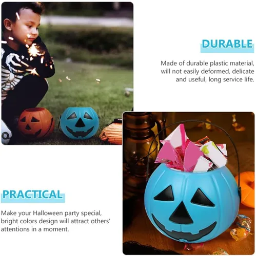 Miniatura 3 de Cubo de calabaza de Halloween con asa, soporte pequeño de plástico para dulces de calabaza para decoración y embalaje de fiesta de truco o trato