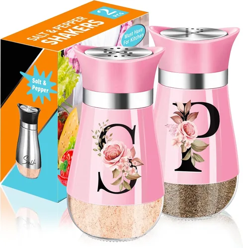 Juego de saleros y pimenteros, accesorios de cocina rosa de 4 onzas, dispensador de especias de acero inoxidable y vidrio, diseño clásico, diseño