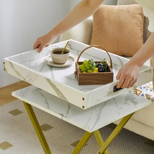Miniatura 5 de IBUYKE Juego de 2 bandejas plegables para TV, mesa auxiliar con bandeja extraíble para servir alimentos, mesa portátil de madera para sala de estar