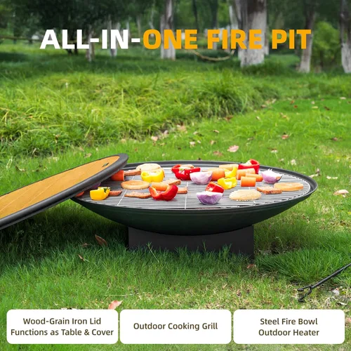 Miniatura 2 de Fogata de 32 pulgadas para exteriores, mesa de fogata de leña para exteriores con parrilla y tapa, hoguera portátil grande para patio trasero