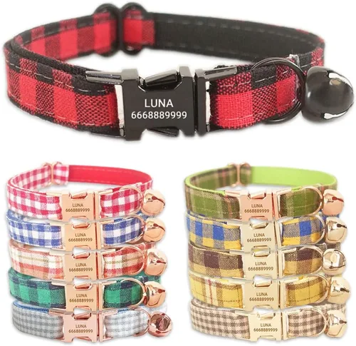Miniatura 10 de PETDURO Collares de gato a cuadros hechos a mano personalizados con campana y hebilla de metal grabada con nombre personalizado para gatos lindos