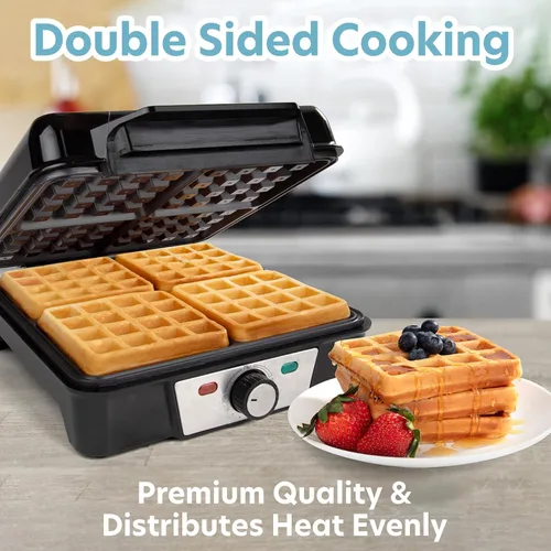 Miniatura 3 de CucinaPro Máquina para hacer gofres belgas de cuatro cuadrados, aparato de cocina extra grande de acero inoxidable con placas de hierro