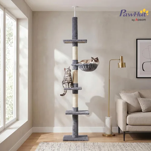 Miniatura 2 de PawHut Árbol para gatos de piso a techo de altura ajustable de 102 pulgadas, torre para gatos de 5 niveles con postes rascadores, hamaca, gris