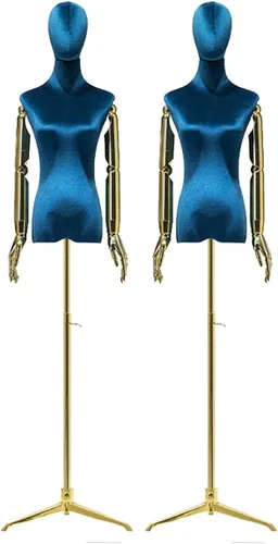 2pcs Adjustable Blue Dress Form Mannequin 53.1''-82.6'' with Metal Tripod Base, Detachable Arms & Head for Clothing, Jewelry Display, Sewing, Velvet