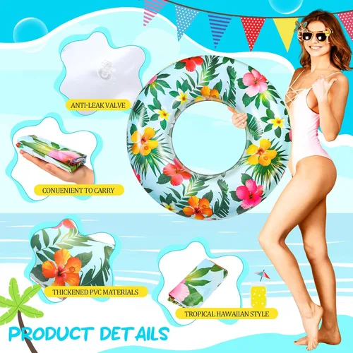 Miniatura 3 de Poen Flotadores grandes de piscina de 32 pulgadas con hojas tropicales, tubos inflables para piscina, anillos de piscina para adultos, suministros