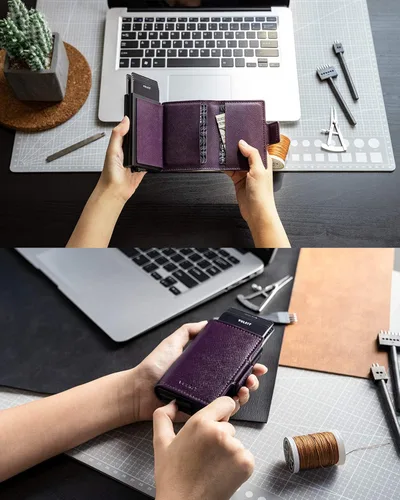 Miniatura 4 de VULKIT Tarjetero de crédito con bloqueo RFID de cuero automático billetera desplegable delgada con clip para dinero funda doble para tarjetas