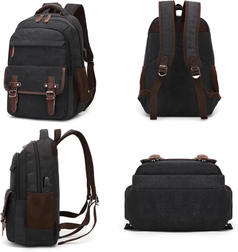Miniatura 6 de Mochila de lona para laptop con puerto de carga USB, mochila vintage para hombres y mujeres, mochila negra de viaje para trabajo, mochila Negro