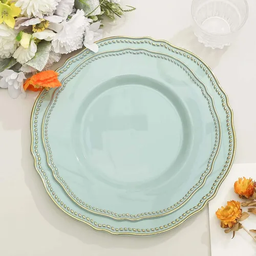Miniatura 12 de Efavormart - Paquete de 10 platos llanos de plástico con borde festoneado negro/dorado de 9 pulgadas, platos desechables para fiestas de bodas