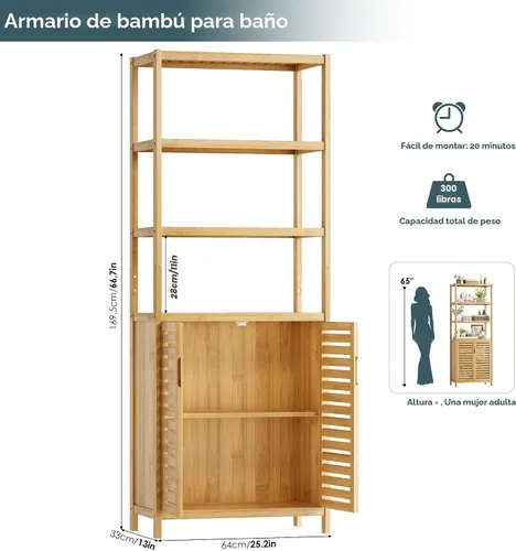 Miniatura 2 de HIFIT Armario alto de almacenamiento para baño, gabinete de baño estrecho de bambú de 66 pulgadas con 2 puertas y estantes abiertos de 4 niveles