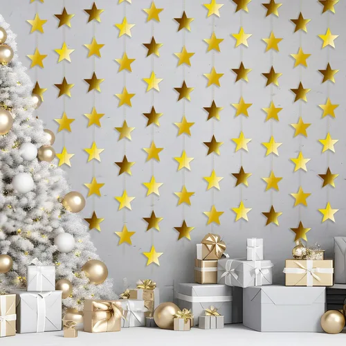 Miniatura 6 de Guirnalda de estrellas doradas con purpurina de 158 pies, 12 unidades, decoración reflectante de papel de estrella pequeña, decoración colgante