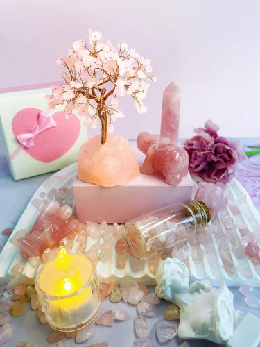 Miniatura 3 de DUQGUHO Árbol de cristal de cuarzo rosa, decoración rosa de cristal curativo, decoración de árbol de piedra preciosa de reiki de la suerte, regalos