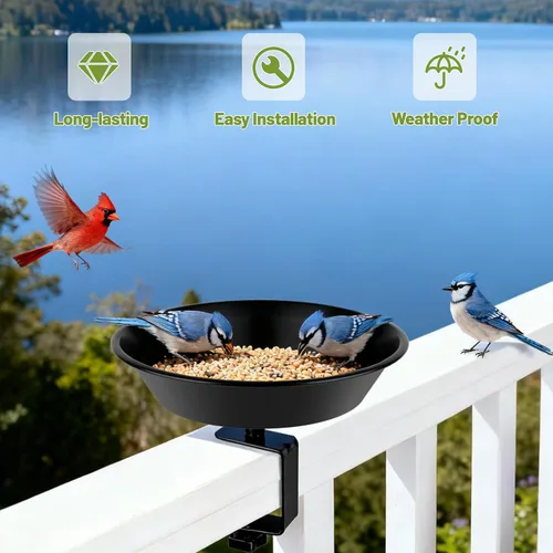 Miniatura 3 de Comedero para pájaros de balcón para barandilla de cubierta, montado en cubierta con bandeja de semillas para exteriores, acero resistente ajustable