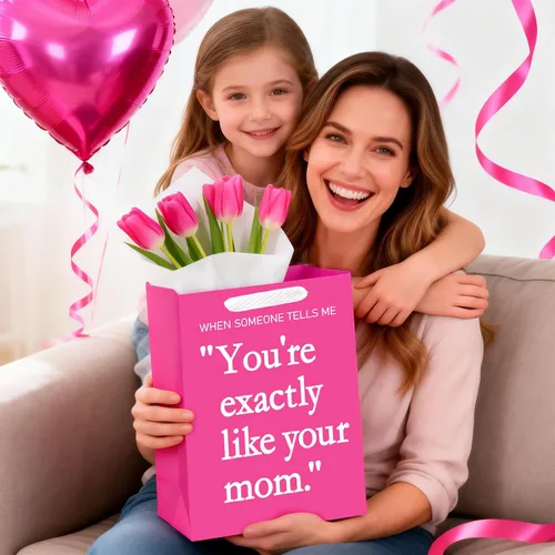 Miniatura 7 de WRAPAHOLIC Bolsa de regalo grande para el día de la madre de 13 pulgadas con papel de seda, color rosa intenso con texto en inglés "You're Exactly